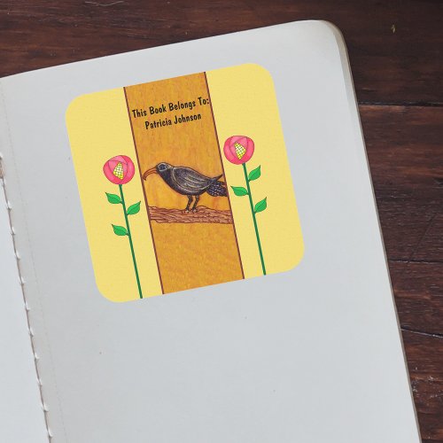 Black Crow on Branch Abstract Red Flowers Yellow Square Sticker