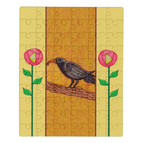 Black Crow on Branch Abstract Red Yellow Flowers Jigsaw Puzzle