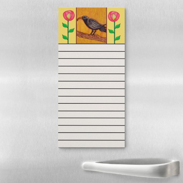 Black Crow on Branch Bright Red Flowers Yellow Magnetic Notepad (In Situ)