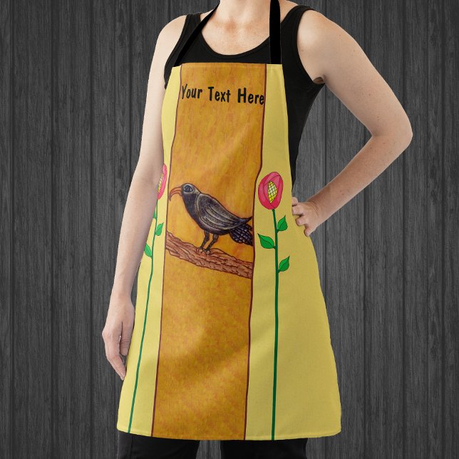 Black Crow on Branch Red Abstract Flowers Yellow Apron (Black crow on tree branch with abstract red roses on stems with leaves on yellow kitchen apron.)