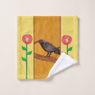 Black Crow on Branch Red Yellow Flowers Leaves Wash Cloth