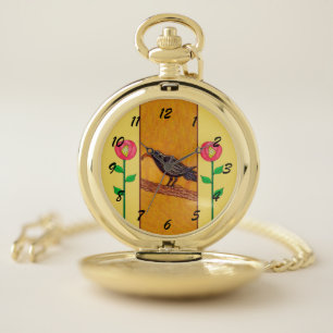 Black Crow on Branch Red Yellow Flowers Yellow Pocket Watch