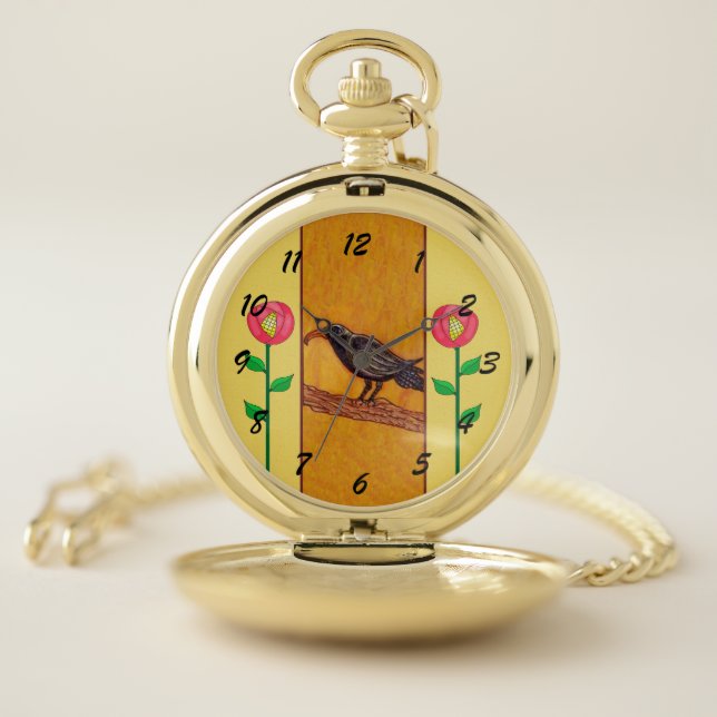 Black Crow on Branch Red Yellow Flowers Yellow Pocket Watch (Inside)