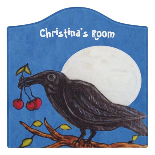 Black Crow on Branch With Red Cherries Full Moon Door Sign