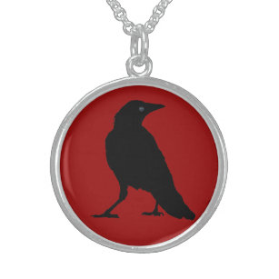 Black Crow on Dark Red Sterling Silver Necklace