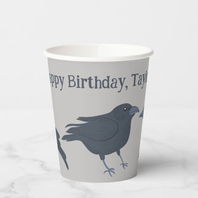 Black Crow on Gray Personalized Paper Cups (Left)