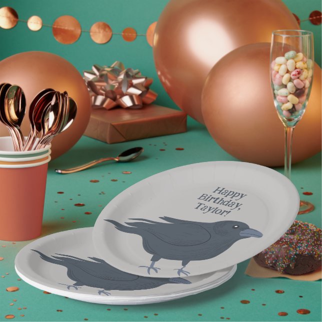 Black Crow on Gray Personalized Paper Plates (Multi)