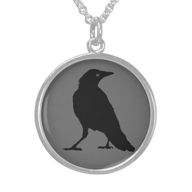 Black Crow on Gray Sterling Silver Necklace (Front)