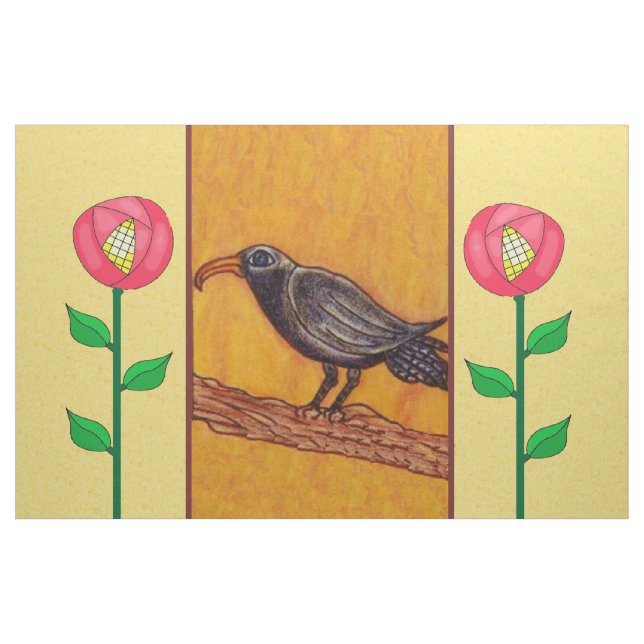 Black Crow on Tree Branch Red Yellow Flowers Fabric (Yard)