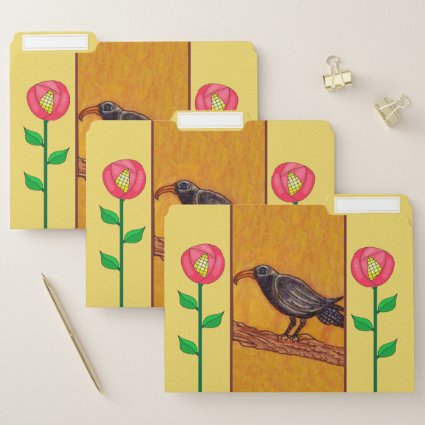 Black Crow on Tree Red Flowers Golden Yellow File Folder
