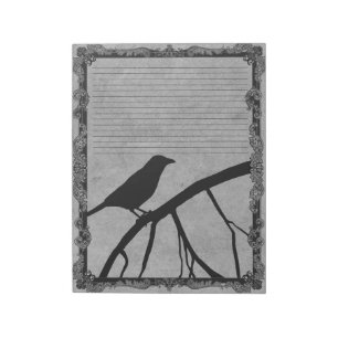 Black Crow Ornate Frame Top Lined on Vintage Gray Notepad