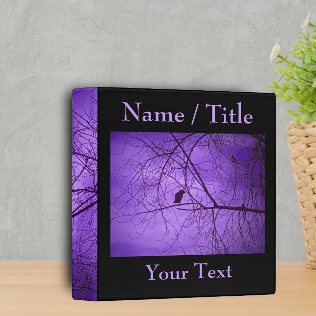 Black Crow Purple Sky Binder (Single black crow in black barren tree branches misty purple sky on black binder.)