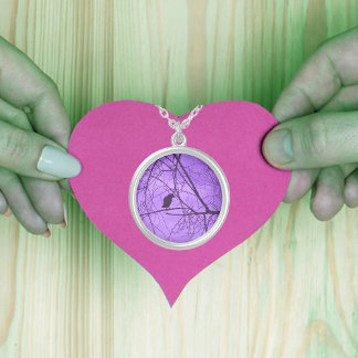 Black Crow Purple Sky Black Spooky Trees Silver Plated Necklace