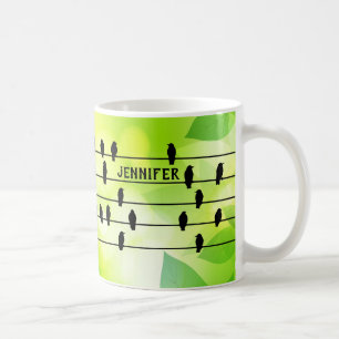 Black Crow Raven Bird Silhouettes On Wire Green Coffee Mug