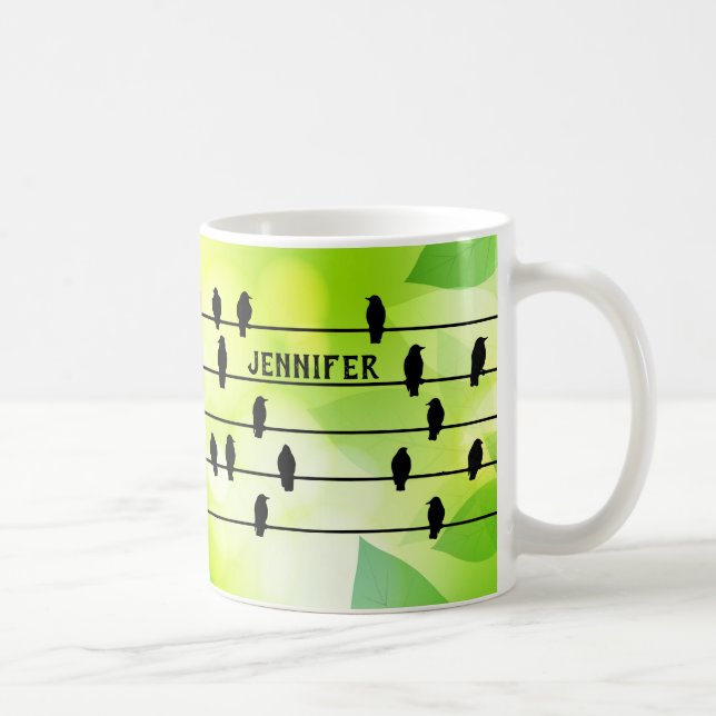 Black Crow Raven Bird Silhouettes On Wire Green Coffee Mug (Right)