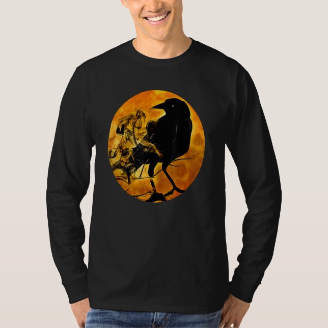 Black Crow Raven Bird & Specter Against Orange Ful T-Shirt (Front)