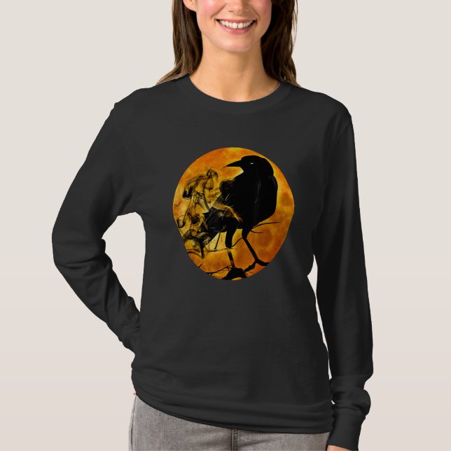 Black Crow Raven Bird & Specter Against Orange Ful T-Shirt (Front)