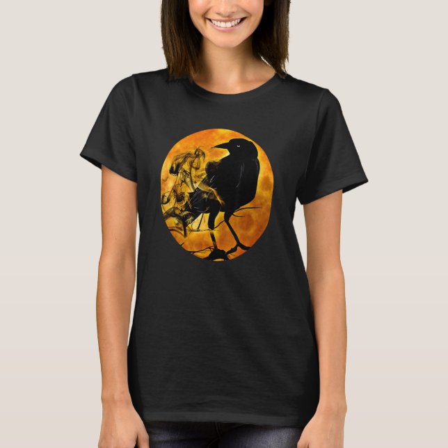 Black Crow Raven Bird & Specter Against Orange Ful T-Shirt (Front)