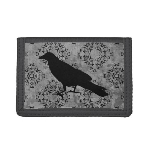 Black crow raven trifold wallet