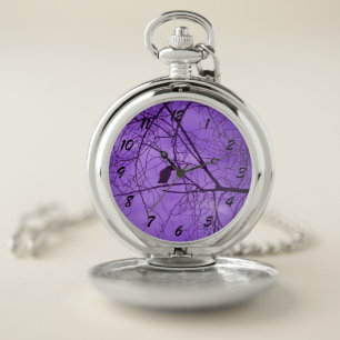 Black Crow Silhouette Barren Tree Branches Purple Pocket Watch