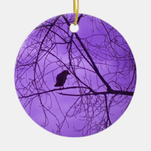 Black Crow Silhouette in Barren Branches Purple Ceramic Ornament