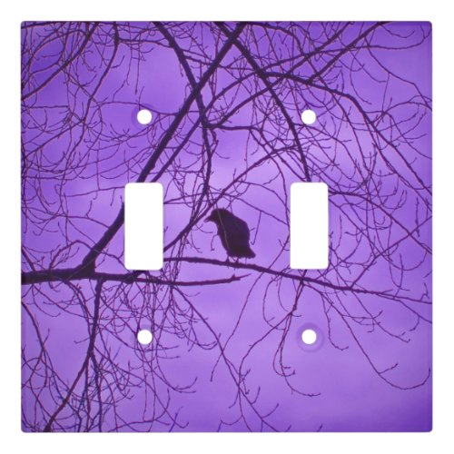 Black Crow Silhouette Tree Branches Deep Purple Light Switch Cover