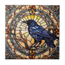 Black Crow Stained Glass Bird Ceramic Tile
