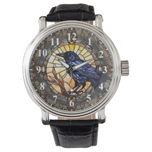 Black Crow Stained Glass Bird Clock Watch