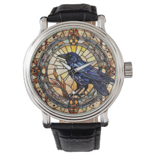 Black Crow Stained Glass Bird Clock Watch