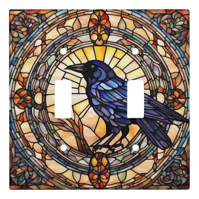 Black Crow Stained Glass Bird Light Switch Cover (Front)