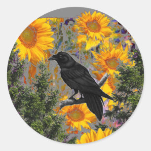 black crow & sunflowers art classic round sticker