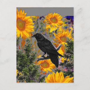 black crow & sunflowers art postcard