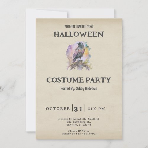 Black Crow with Pastel Accents Vintage Halloween Invitation