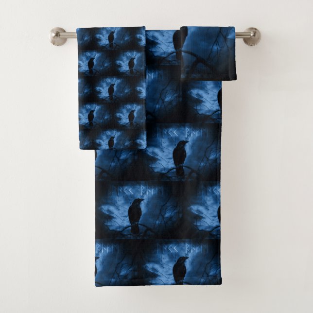 Black Crow with Runes Dark Goth Style Bath Towel Set (Insitu)