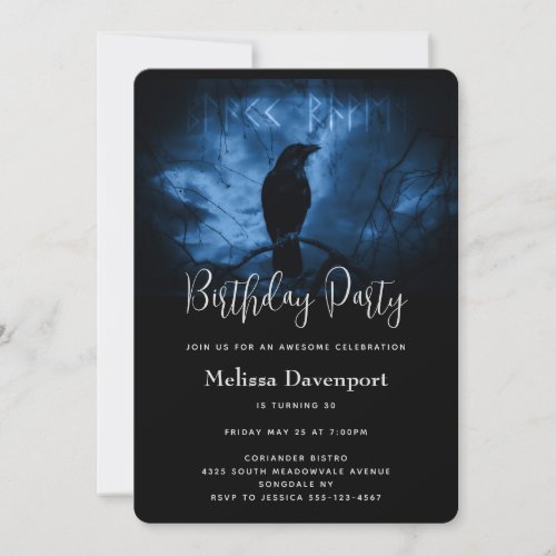 Black Crow with Runes Dark Goth Style Birthday Invitation