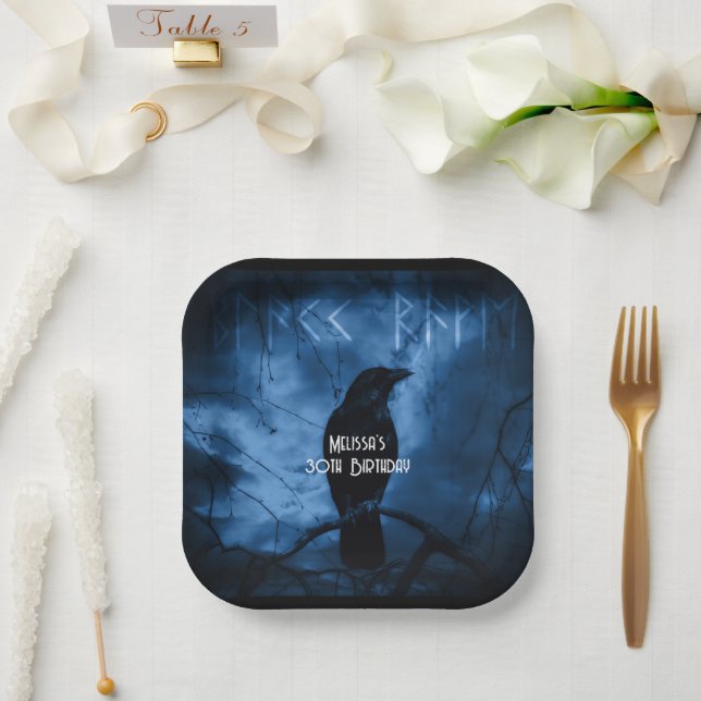 Black Crow with Runes Dark Goth Style Birthday Paper Plates (Wedding)