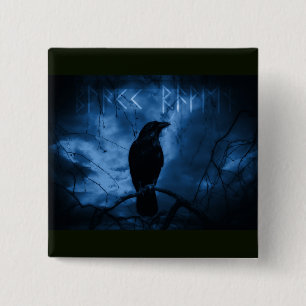 Black Crow with Runes Dark Goth Style Button
