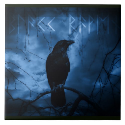 Black Crow with Runes Dark Goth Style Ceramic Tile