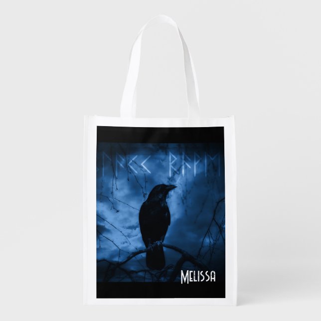 Black Crow with Runes Dark Goth Style Grocery Bag (Front)