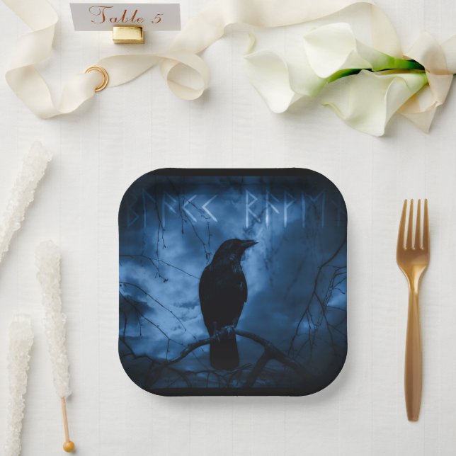Black Crow with Runes Dark Goth Style Paper Plates (Wedding)