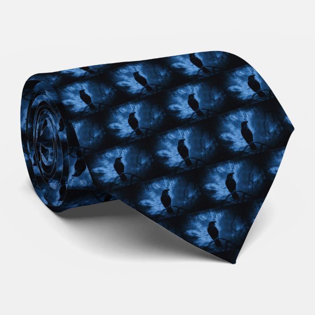 Black Crow with Runes Dark Goth Style Pattern Neck Tie (Rolled)