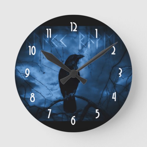 Black Crow with Runes Dark Goth Style Round Clock