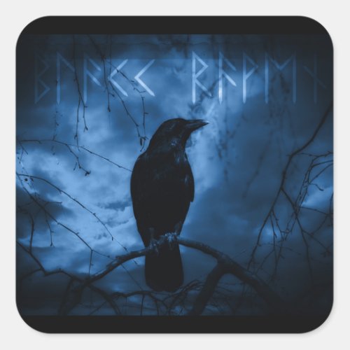 Black Crow with Runes Dark Goth Style Square Sticker