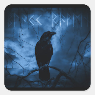 Black Crow with Runes Dark Goth Style Square Sticker
