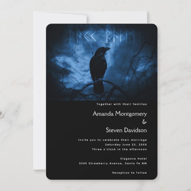 Black Crow with Runes Dark Goth Style Wedding Invitation (Front)