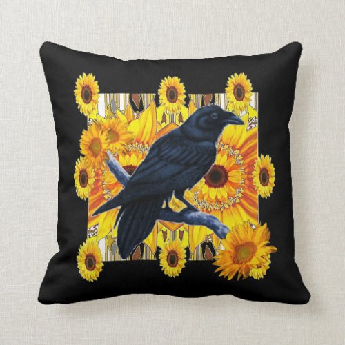 BLACK CROW & YELLOW SUNFLOWERS ABSTRACT ART THROW PILLOW