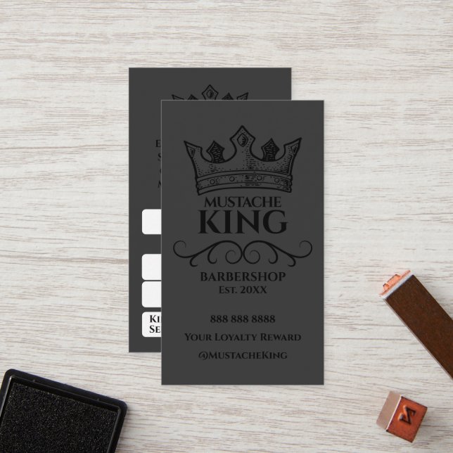 Black Crown King Mustache Barbershop Reward Loyalty Card (Front/Back In Situ)