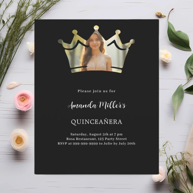 Black crown photo Quinceanera invitation (Creator Uploaded)