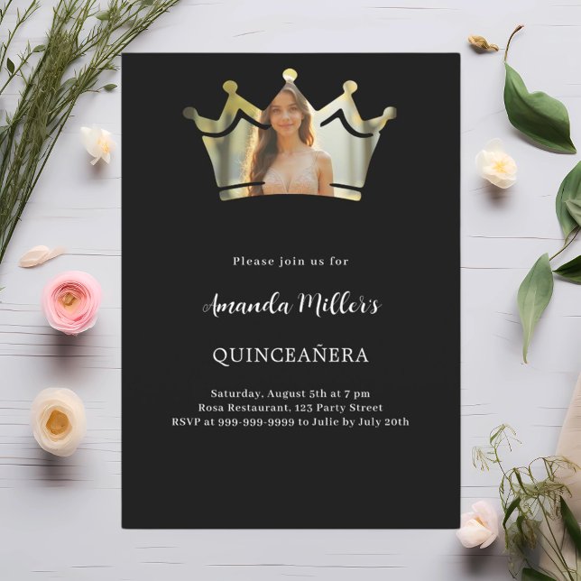 Black crown photo Quinceanera Invitation (Creator Uploaded)