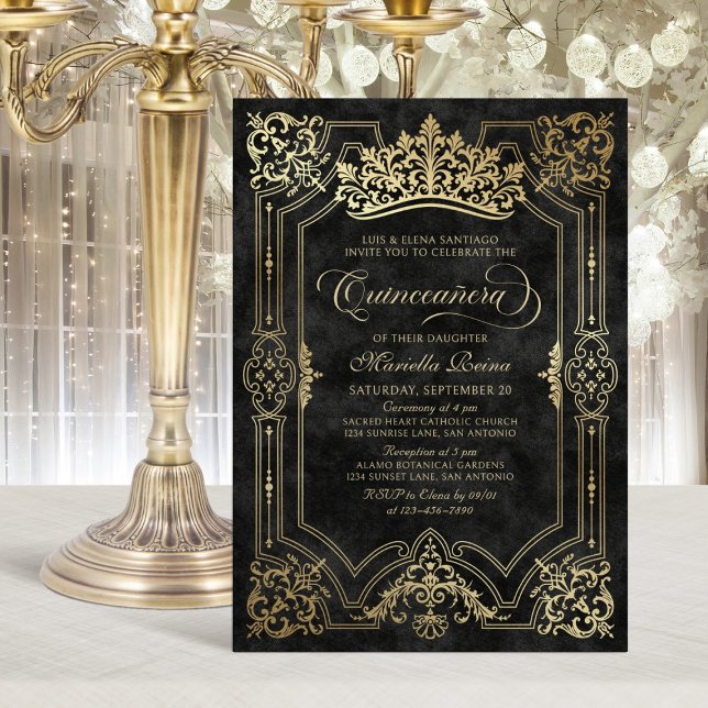 Black Crown Tiara Elegant Quinceanera Invitation (Creator Uploaded)